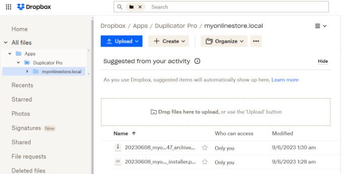 Go to Duplicator folder in Dropbox